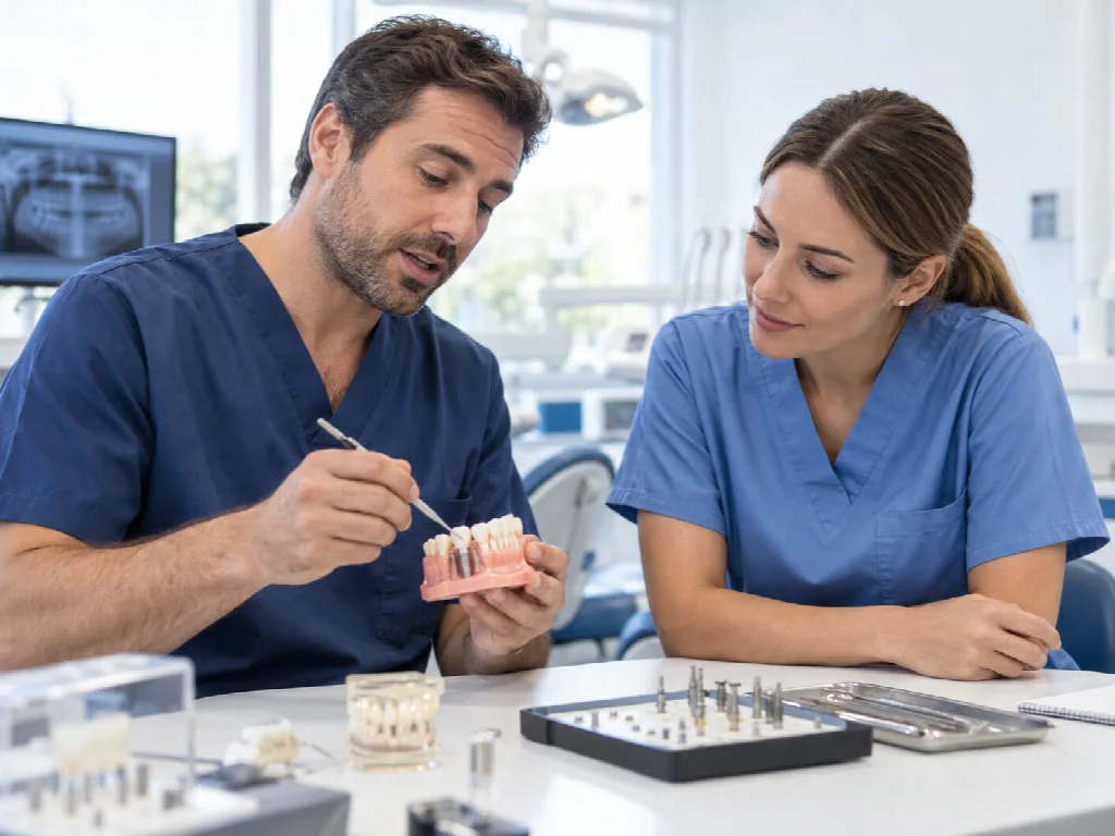 Dos profesionales comparten una sesión práctica de formación con un modelo dental